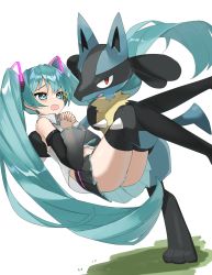 Rule 34 | 1girl, absurdres, black footwear, blue eyes, blush, boots, carrying, commentary, creatures (company), crossover, detached sleeves, eyelashes, game freak, gen 4 pokemon, green hair, hair ornament, hatsune miku, highres, interlocked fingers, long hair, lucario, nintendo, open mouth, own hands together, pleated skirt, pokemon, pokemon (creature), princess carry, raised eyebrows, reirou (chokoonnpu), shiny skin, skirt, symbol-only commentary, thigh boots, thighhighs, twintails, vocaloid