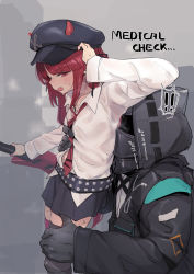Rule 34 | !, !!, 1boy, 1girl, arknights, armpits, asymmetrical legwear, bee (deadflow), belt, black coat, black skirt, black thighhighs, coat, collared shirt, covered face, doctor (arknights), electric guitar, english text, fang, gloves, grey gloves, grey headwear, guitar, hand up, hat, helmet, highres, holding, holding instrument, hood, hood up, hooded coat, horns, horns through headwear, instrument, long hair, long sleeves, mismatched legwear, navel, necktie, open mouth, popped collar, print headwear, red eyes, red hair, red neckwear, red thighhighs, shirt, skirt, smell, smelling, standing, studded belt, sweat, thighhighs, vigna (arknights), white shirt, wing collar