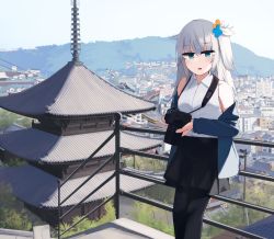 Rule 34 | 1girl, black pantyhose, black skirt, blue eyes, blue jacket, camera, city, clothes pull, feet out of frame, hair ornament, hairclip, highres, hinami047, holding, holding camera, jacket, jacket pull, long hair, looking at viewer, onomichi (city), open mouth, original, pantyhose, scenery, shirt, skirt, solo, standing, white hair, white shirt