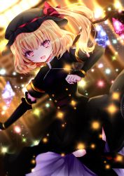 Rule 34 | 1girl, alternate costume, bad id, bad pixiv id, black dress, black headwear, black thighhighs, blonde hair, blurry, blurry background, buttons, commentary request, crystal, detached sleeves, double-breasted, dress, flandre scarlet, flat chest, hair between eyes, leg up, light particles, looking at viewer, medium hair, nanase nao, open mouth, outstretched arm, red eyes, short sleeves, side ponytail, solo, thighhighs, touhou, wings