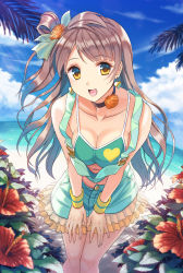 Rule 34 | 10s, 1girl, beach, blue sky, bow, breasts, brown hair, choker, cleavage, cloud, collarbone, day, earrings, flower, hair bow, hands on thighs, heart, heart earrings, jewelry, kitiroku, layered skirt, leaning forward, long hair, looking at viewer, love live!, love live! school idol project, minami kotori, natsuiro egao de 1 2 jump!, navel, ocean, open mouth, outdoors, see-through, short shorts, shorts, skirt, sky, solo, suspenders, wrist cuffs, yellow eyes
