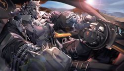 Rule 34 | 1boy, abs, animal ears, arknights, baizelangtai (hallyswift), bara, bare pectorals, black pants, bulge, car interior, chest hair, chest tuft, driving, foreshortening, furry, furry male, harness, highres, jacket, male focus, medium hair, mountain (arknights), mountain (dark cloud) (arknights), muscular, muscular male, official alternate costume, open clothes, open jacket, pants, pectorals, scar, scar on chest, scar on hand, shirt, solo, stomach, sunlight, sweat, tiger boy, tiger ears, tight clothes, tight pants, tight shirt, white fur, white hair