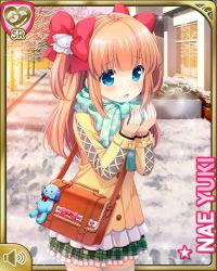 Rule 34 | 1girl, :o, argyle, argyle clothes, argyle legwear, blue eyes, bow, bowtie, brown hair, card (medium), coat, day, girlfriend (kari), hair bow, looking at viewer, mary janes, official art, outdoors, plaid, plaid skirt, qp:flapper, ribbon, school uniform, shoes, skirt, solo, stuffed animal, stuffed dog, stuffed toy, tagme, tan coat, thighhighs, two side up, white thighhighs, winter, winter clothes, winter coat, yuuki nae