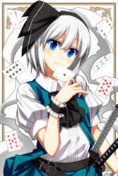Rule 34 | 1girl, ace (playing card), ace of hearts, belt, black belt, black bow, black bowtie, black hairband, black ribbon, blue eyes, blush, border, bow, bowtie, card, colored eyelashes, commentary request, green skirt, green vest, hair between eyes, hair ribbon, hairband, heart, highres, hitodama, holding, holding card, katana, konpaku youmu, konpaku youmu (ghost), looking at viewer, outside border, playing card, puffy short sleeves, puffy sleeves, ribbon, sazanami mio, sheath, sheathed, shirt, short hair, short sleeves, silver hair, simple background, skirt, skirt set, smile, solo, sword, touhou, upper body, vest, weapon, white background, white shirt