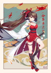 Rule 34 | 1girl, absurdres, azur lane, black socks, breasts, brown hair, choker, closed mouth, dress, fanxing xt, full body, hair ornament, halterneck, hand on own hip, highres, kanzashi, katana, large breasts, leg up, long hair, long sleeves, looking at viewer, pleated dress, ponytail, red dress, red footwear, rudder footwear, sheath, sheathed, side ponytail, smile, socks, solo, spaghetti strap, standing, standing on one leg, sword, thigh strap, very long hair, weapon, wide sleeves, yellow eyes, zuikaku (azur lane)