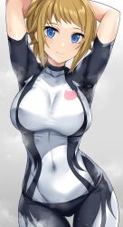 Rule 34 | 1girl, arms behind head, arms up, black bodysuit, blue eyes, bodysuit, breasts, brown hair, closed mouth, commentary request, contrapposto, covered collarbone, covered navel, cowboy shot, grey background, gundam, gundam build fighters, gundam build fighters try, highres, hoshino fumina, large breasts, looking at viewer, nirowata, ponytail, short hair, short sleeves, sidelocks, smile, solo, standing, steaming body, sweat, taut bodysuit, thigh gap, two-tone bodysuit, white bodysuit