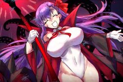 Rule 34 | 1girl, absurdres, bare shoulders, bat wings, bb (fate), bb (fate) (all), bb (swimsuit mooncancer) (fate), bb (swimsuit mooncancer) (third ascension) (fate), black coat, blush, blush stickers, breasts, closed eyes, coat, covered navel, ebora, fate/grand order, fate (series), gloves, hair ribbon, highleg, highleg leotard, highres, large breasts, leotard, long hair, neck ribbon, open clothes, open coat, open mouth, polearm, popped collar, purple hair, red ribbon, ribbon, smile, solo, tentacles, thighs, very long hair, weapon, white gloves, white leotard, wings
