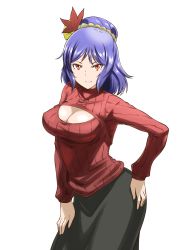 Rule 34 | &gt;:), 1girl, alternate costume, black skirt, blue hair, breasts, cleavage cutout, clothing cutout, highres, iwatobi hiro, large breasts, light smile, looking at viewer, meme attire, open-chest sweater, red eyes, ribbed sweater, short hair, simple background, skirt, solo, sweater, touhou, turtleneck, v-shaped eyebrows, white background, yasaka kanako