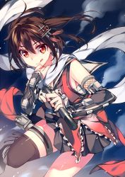 Rule 34 | 10s, 1girl, :q, black thighhighs, brown hair, hair ornament, kantai collection, kureaki (exit), looking at viewer, red eyes, scarf, sendai (kancolle), sendai kai ni (kancolle), short hair, smile, solo, thighhighs, tongue, tongue out, two side up