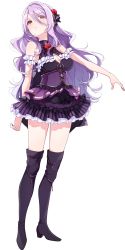 Rule 34 | black dress, boots, commentary request, dress, emilia (lapis re:lights), flower, hair ornament, high heel boots, high heels, highres, lapis re:lights, light purple hair, looking at viewer, looking down, official art, red eyes, red flower, red rose, rose, sleeveless, standing, transparent background