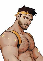 Rule 34 | 1boy, absurdres, artist name, bara, black hair, chest hair, facial hair, headband, highres, large pectorals, looking at viewer, male focus, manly, muscular, muscular male, nipples, original, pectorals, seupil hyugo (spirohugo), short hair, simple background, solo, upper body, white background, yellow headband