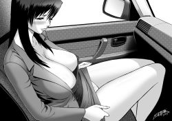 Rule 34 | 1girl, blush, breasts, car, car interior, cleavage, clothes lift, covered erect nipples, downblouse, greyscale, highres, huge breasts, monochrome, motor vehicle, panties, pencil skirt, right-hand drive, sagging breasts, sitting, skirt, skirt lift, solo, tatsunami youtoku, underwear, upskirt, vehicle