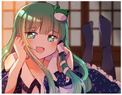 Rule 34 | + +, 1girl, black legwear, blue skirt, blunt bangs, blurry, blurry background, blush, breasts, cleavage, collarbone, commentary request, detached sleeves, frilled skirt, frills, frog hair ornament, green hair, hair ornament, hair tubes, hand on own face, indoors, kochiya sanae, long hair, looking at viewer, medium breasts, open mouth, shirt, skirt, sleeveless, sleeveless shirt, sliding doors, snake hair ornament, solo, symbol-shaped pupils, touhou, white shirt, zerokosan