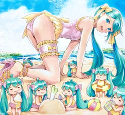 Rule 34 | 6+girls, :&lt;, :3, :d, = =, all fours, anklet, ball, beach, beachball, bikini, can, clone, commentary, drinking, frilled legwear, hair ribbon, hatsune miku, high heels, highres, holding, holding can, ice cream cone, innertube, jewelry, long hair, looking at viewer, mayo riyo, mini person, minigirl, multiple girls, one-piece swimsuit, open mouth, outdoors, pink ribbon, ribbon, sandals, shovel, skirt, smile, spring onion, swim ring, swimsuit, thigh strap, twintails, very long hair, vocaloid, yellow ribbon, yellow skirt