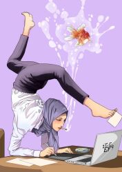Rule 34 | 1girl, cigarette, computer, desk, female focus, fish, flexible, hijab, laptop, paper, shirt, simple background, white shirt, writing