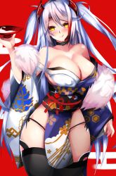 Rule 34 | 1girl, azur lane, bare shoulders, black legwear, blush, breasts, cleavage, curvy, highres, large breasts, long hair, looking at viewer, monotosu, prinz eugen (azur lane), prinz eugen (profusion of flowers) (azur lane), silver hair, smile, solo, tongue, tongue out, wide hips, yellow eyes