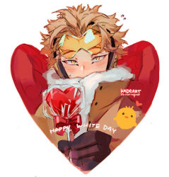 Rule 34 | 1boy, bird, blonde hair, blush, boku no hero academia, brown jacket, candy, chibi, chibi inset, chick, chocolate, chocolate heart, costume, english text, eyewear on head, facial mark, feathered wings, feathers, flying sweatdrops, food, fur-trimmed jacket, fur trim, gloves, happy white day, hawks (boku no hero academia), headphones, heart, high collar, holding, holding food, jacket, kadeart, lollipop, long eyebrows, looking at viewer, male focus, nervous, portrait, reaching, reaching towards viewer, red feathers, red wings, rimless eyewear, short hair, signature, single glove, solo, sweatdrop, tinted eyewear, white day, wings, yellow eyes