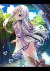 Rule 34 | 1girl, ascot, bad id, bad pixiv id, bare legs, bird, blue sky, blurry, chinomaron, cloud, cloudy sky, commentary request, day, depth of field, dress, dutch angle, forest, from behind, hair between eyes, hair ribbon, highres, letterboxed, long hair, long sleeves, looking at viewer, looking back, nature, orange eyes, original, outdoors, red ascot, red ribbon, ribbon, sailor dress, sidelocks, sky, solo, standing, tree, very long hair, water, water drop, waterfall, white hair