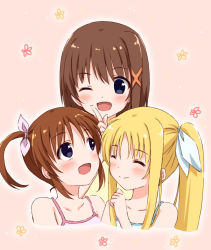 Rule 34 | 3girls, :d, ;d, bad id, bad pixiv id, bare shoulders, blouse, blue eyes, blush, breasts, brown hair, camisole, closed mouth, collarbone, fate testarossa, flower, hair ornament, hair ribbon, hoshino kagari, long hair, looking at another, looking down, looking up, lyrical nanoha, mahou shoujo lyrical nanoha, medium breasts, multiple girls, one eye closed, open mouth, parted bangs, pink background, pink ribbon, portrait, ribbon, shirt, short hair, short twintails, sidelocks, simple background, smile, spaghetti strap, takamachi nanoha, tareme, twintails, x hair ornament, yagami hayate, yellow shirt