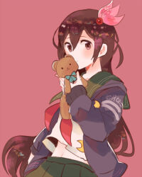 Rule 34 | 1girl, black cardigan, blush, brown eyes, brown hair, cardigan, closed mouth, crescent, crescent pin, green skirt, hair between eyes, hair ornament, itomugi-kun, kantai collection, kisaragi (kancolle), kisaragi kai ni (kancolle), long hair, neckerchief, open cardigan, open clothes, pink background, pleated skirt, red neckerchief, school uniform, serafuku, simple background, skirt, smile, solo, stuffed animal, stuffed toy, teddy bear, upper body