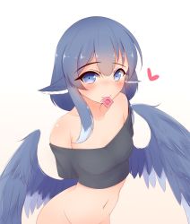 Rule 34 | 1girl, ayatori, blue eyes, blue hair, blush, borrowed character, bottomless, condom, condom in mouth, condom wrapper, female focus, harpy, heart, highres, looking at viewer, monster girl, mouth hold, navel, original, out-of-frame censoring, simple background, smile, solo, white background, wings
