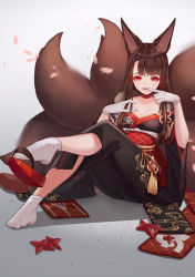 Rule 34 | 1girl, akagi (azur lane), akagi (plum and snow) (azur lane), alternate costume, animal ears, azur lane, breasts, brown hair, cherry blossoms, cleavage, commentary request, crossed legs, falling petals, finger to mouth, fox ears, fox tail, fur-trimmed kimono, fur trim, geta, gloves, grey background, hair ornament, highres, japanese clothes, kimono, licking lips, long hair, looking at viewer, medium breasts, multiple tails, obi, petals, red eyes, sash, sidelocks, simple background, sitting, socks, solo, tail, tongue, tongue out, very long hair, white gloves, whitecrow4444, x hair ornament