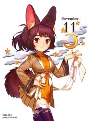 Rule 34 | 1girl, animal ears, bad id, bad pixiv id, bow, breasts, brown dress, brown eyes, brown hair, closed mouth, cowboy shot, crescent, dated, dog ears, dog girl, dog tail, dress, hand on own hip, hand up, long hair, looking at viewer, medium breasts, november, open clothes, open dress, orange dress, original, pleated dress, purple thighhighs, ribbon, short hair, simple background, solo, star (symbol), tail, thick eyebrows, thighhighs, twitter username, white background, white bow, white ribbon, yai (hachihito)