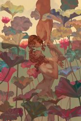 Rule 34 | 1boy, absurdres, awanqi, brown hair, completely nude, dual persona, flower, greek mythology, highres, long hair, male focus, narcissus, nude, pink flower, plant, selfcest, upside-down, water, yaoi