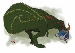 Rule 34 | absurdres, claws, commentary, deviljho, dodogama, from side, highres, large tail, lizard, looking at viewer, monster, monster hunter (series), monster hunter: world, mouth hold, no humans, sharp teeth, signature, simple background, slit pupils, spiked tail, tail, teeth, yellow eyes, youngno