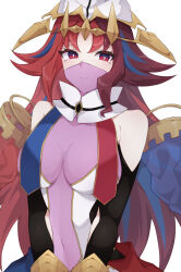 Rule 34 | 1girl, absurdres, bare shoulders, beyond the pendulum, blue eyes, blue hair, bodysuit, breasts, bright pupils, cleavage, covered navel, detached sleeves, duel monster, exceed the pendulum, hat, highres, large breasts, long hair, long sleeves, mask, mouth mask, multicolored eyes, multicolored hair, red eyes, red hair, solo, streaked hair, tsuji no, white pupils, yu-gi-oh!