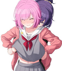 Rule 34 | 2girls, arimon (dfrgty12), asahina mafuyu, badge, behind another, black cardigan, blush, button badge, buttons, cardigan, closed eyes, closed mouth, clothes lift, collarbone, commentary request, grey shirt, grey skirt, hair between eyes, hair in own mouth, hair ornament, hair scrunchie, hand under clothes, hand under shirt, hand up, hands up, highres, lifting another&#039;s clothes, long sleeves, looking at another, midriff peek, miyamasuzaka girls&#039; academy school uniform, multiple girls, navel, neckerchief, nose blush, one eye covered, ootori emu, open cardigan, open clothes, open mouth, pink cardigan, pink hair, pleated skirt, ponytail, project sekai, purple eyes, purple hair, raised eyebrows, red neckerchief, sailor collar, school uniform, scrunchie, serafuku, shirt, shirt lift, short hair, simple background, skirt, sleeves past wrists, smiley face, standing, sweatdrop, upper body, wavy mouth, white background, white sailor collar, yellow scrunchie, yuri