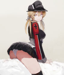 Rule 34 | 10s, 1girl, arched back, ass, bad anatomy, bad id, bad pixiv id, blonde hair, blue eyes, breasts, hat, highres, kantai collection, large breasts, long hair, panties, peaked cap, prinz eugen (kancolle), shion (mirudakemann), smile, solo, twintails, underwear, uniform, white panties