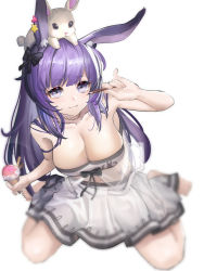 Rule 34 | 1girl, :3, animal, animal ears, animal on head, arknights, bandeau, bare arms, bare shoulders, blurry, bow, breasts, rabbit, cleavage, collarbone, fh moya, food, hair bow, highres, holding, ice cream, large breasts, long hair, looking at viewer, midriff, miniskirt, official alternate costume, on head, purple eyes, purple hair, rabbit ears, rope (arknights), rope (summer flowers) (arknights), see-through, simple background, sitting, skirt, smile, solo, wariza, white background, white skirt
