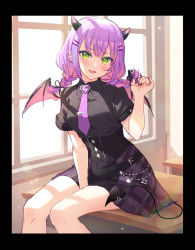 Rule 34 | 1girl, black shirt, blush, corset, demon tail, demon wings, ear piercing, green eyes, hair ornament, hairclip, hololive, horns, long hair, looking at viewer, mikami nacaba, multicolored hair, nail polish, necktie, on table, piercing, pink hair, purple hair, purple necktie, shirt, skirt, smile, solo, streaked hair, table, tail, tokoyami towa, twintails, virtual youtuber, wings