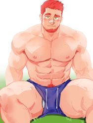Rule 34 | 1boy, abs, bandaid, bandaid on face, bandaid on nose, bara, beard, blue shorts, blush, bulge, dopey (dopq), facial hair, feet out of frame, grass, green eyes, highres, large pectorals, male focus, male underwear, mature male, muscular, muscular male, navel, navel hair, nipples, orange hair, original, pectorals, raised eyebrow, short hair, short shorts, shorts, solo, sportswear, spread legs, stomach, sweat, thick thighs, thighs, topless male, underwear, veins, white male underwear