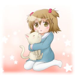 Rule 34 | 1girl, 1other, aged down, animal, blush, breasts, brown eyes, brown hair, cat, dot nose, hair ornament, hidamari sketch, holding, holding animal, holding cat, long sleeve shirt, long sleeves, looking at viewer, medium breasts, no shoes, open mouth, pantyhose, sitting, star (symbol), white pantyhose, x hair ornament, yuno (hidamari sketch), yunyan s