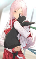 Rule 34 | 1girl, animal, blurry, blurry background, cat, flower, hair flower, hair ornament, highres, holding, holding animal, holding cat, long hair, long sleeves, looking at viewer, lucy maria misora, one eye closed, pallad, pink eyes, pink hair, pleated skirt, red sailor collar, red skirt, sailor collar, school uniform, serafuku, shirt, skirt, solo, to heart (series), to heart 2, white shirt