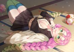 Rule 34 | 1girl, absurdres, bad id, bad pixiv id, belt, black skirt, braid, breasts, cherry blossoms, cleavage, day, floral print, green eyes, green hair, green thighhighs, haori, highres, indoors, japanese clothes, kanroji mitsuri, kimetsu no yaiba, large breasts, legs together, lips, long hair, long sleeves, looking at viewer, lying, mole, mole under eye, multicolored hair, nail polish, on back, partially unbuttoned, petals, pink nails, pleated skirt, purple hair, ranchan12, ribbed legwear, skirt, smile, solo, sparkle, sunlight, tatami, thighhighs, thighs, two-tone hair, uniform, upside-down, v