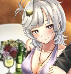 Rule 34 | 1boy, 1girl, alternate costume, arm hug, azur lane, black ribbon, blunt bangs, blush, bottle, breasts, chushou wang, cleavage, commentary, commentary request, cup, dress, drinking glass, fang, fangs, fish hair ornament, flower, glass bottle, grey hair, hair ornament, jewelry, looking at another, looking at viewer, medium breasts, necklace, purple dress, ribbon, seattle (azur lane), seattle (gorgeous party) (azur lane), seductive smile, short hair, sidelocks, skin fang, smile, table, tablecloth, tile floor, tiles, wine glass
