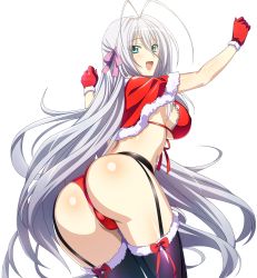 Rule 34 | 10s, 1girl, animal ears, ass, black thighhighs, blue eyes, bow, cameltoe, capelet, floating hair, garter belt, gloves, hair bow, hair ribbon, high school dxd, highres, long hair, looking at viewer, looking back, open mouth, panties, pink ribbon, red bow, red gloves, red panties, ribbon, rossweisse, santa gloves, silver hair, solo, thighhighs, transparent background, underwear, very long hair