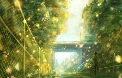 Rule 34 | 1girl, bridge, chain-link fence, city, day, fence, from behind, jogging, lens flare, light particles, long hair, original, ponytail, road, sakimori (hououbds), scenery, sky, solo, street, sunlight, tree, vanishing point