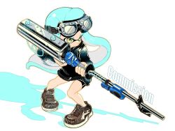 Rule 34 | 1girl, black sweater, blue hair, commentary request, commission, e-liter 4k (splatoon), full body, goggles, goggles on head, gun, heatinsulator, highres, holding, holding gun, holding weapon, inkling, inkling girl, inkling player character, long hair, nintendo, simple background, solo, splatoon (series), splatoon 3, sweater, tentacle hair, weapon, white background, yellow eyes