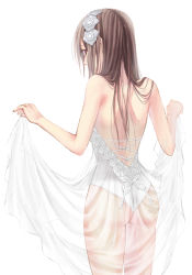 Rule 34 | 1girl, ass, back, backless dress, backless outfit, bad id, bad pixiv id, bare shoulders, brown eyes, brown hair, clothes lift, dress, dress lift, from behind, hair ornament, iria (yumeirokingyo), long hair, looking back, original, see-through, solo, standing, white background, white dress