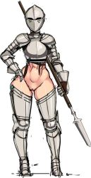 Rule 34 | 1girl, abs, arm guards, armor, armored boots, belt, bevor, boots, bottomless, breastplate, chainmail, cleft of venus, couter, covered face, cuirass, cuisses, dagger, faceless, faceless female, female knight, full body, gauntlets, gorget, greaves, hand on own hip, helmet, highres, holding, holding weapon, kardia (nisetanaka), knife, knight, leather belt, looking at viewer, navel, nisetanaka, no panties, original, pauldrons, polearm, poleyn, pussy, rerebrace, sabaton, shin guards, shoulder armor, solo, spear, standing, stiletto (weapon), vambraces, weapon, white background, wide hips