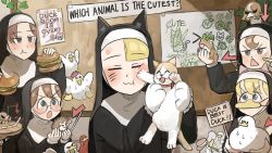 Rule 34 | 5girls, :3, :o, :t, = =, animal, animal ears, animal on hand, arrow (symbol), beret, bird, bird on hand, bite mark, blonde hair, blue eyes, board, brown eyes, brown hair, bubble pipe, burger, cat, cat ears, chicken, chili pepper, clumsy nun (diva), commentary, diva (hyxpk), drawing, duck, earthworm, eating, english commentary, english text, fake animal ears, fake whiskers, fedora, food, food in mouth, frog, froggy nun (diva), glasses nun (diva), habit, hanging plant, hat, hedgehog, highres, holding, holding animal, holding cat, hungry nun (diva), jealous, kitten, little nuns (diva), mask, mole (animal), monocle, mouth hold, mouth mask, multiple girls, nervous sweating, nun, ostrich, paw print, pointing, red eyes, red hair, shadow, sign, spicy nun (diva), spread wings, stool, sweat, traditional nun, triangle mouth