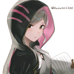 Rule 34 | 1girl, black robe, book, brown eyes, brown gloves, closed mouth, commentary request, fire emblem, fire emblem awakening, gloves, gold trim, grey shirt, haru (nakajou-28), holding, holding book, hood, hood up, hooded robe, long hair, looking at viewer, nintendo, open book, open clothes, robe, robin (female) (fire emblem), robin (fire emblem), shirt, simple background, solo, swept bangs, twitter username, upper body, white background, white hair