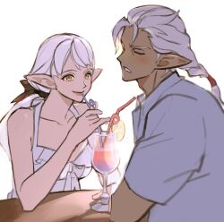 Rule 34 | 1boy, 1girl, alternate costume, ameliance leveilleur, bare arms, bare shoulders, bow, braid, braided ponytail, casual, closed eyes, cocktail glass, collarbone, collared shirt, commentary, cup, dress, drink, drinking glass, drinking straw, elbow rest, elezen, elf, embarrassed, final fantasy, final fantasy xiv, food, fourchenault leveilleur, from side, frown, fruit, grey hair, hair bow, halter dress, halterneck, hetero, husband and wife, lemon, lemon slice, light blush, long hair, looking at another, medium hair, pointy ears, shared drink, shirt, simple background, single braid, sitting, smile, swept bangs, symbol-only commentary, table, upper body, white background, white dress, white shirt, wuliu heihuo, yellow eyes