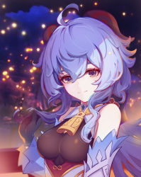 Rule 34 | ahoge, bare shoulders, bell, black gloves, blue hair, blurry, bow, bowtie, breasts, depth of field, detached sleeves, ganyu (genshin impact), genshin impact, gloves, highres, horns, long hair, looking at viewer, medium breasts, multicolored eyes, neck bell, night, sidelocks, smile, solo, white sleeves, zhoudabai fensno