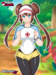 Rule 34 | 1girl, absurdres, belmont, blue eyes, brown hair, cowboy shot, creatures (company), facing viewer, game freak, highres, looking at viewer, nintendo, outdoors, pokemon, pokemon bw2, rosa (pokemon), self-upload, short shorts, shorts, smile, solo, standing, thick thighs, thighs