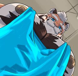 Rule 34 | 1boy, :3, animal ears, bara, blue tank top, chest tuft, fangs, fangs out, foreshortening, furry, furry male, highres, large pectorals, looking at viewer, looking down, male focus, meme, muscular, muscular male, nipple slip, nipples, orange fur, original, pectoral cleavage, pectoral focus, pectorals, photo-referenced, short hair, sidepec, solo, tank top, thick chest hair, thick eyebrows, tiger boy, tiger ears, upper body, vermingeomancer, white fur, yur oc like this (meme)
